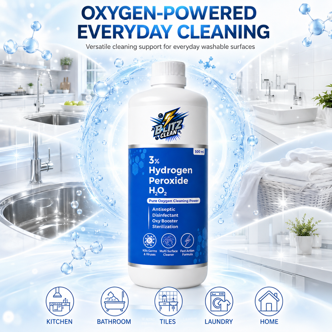 3% Hydrogen Peroxide 500 ml | H₂O₂ Oxygen-Based Multi-Purpose Cleaner | Fast-Acting Cleaning Formula for Glass, Tiles, Wash Areas & Household Surfaces