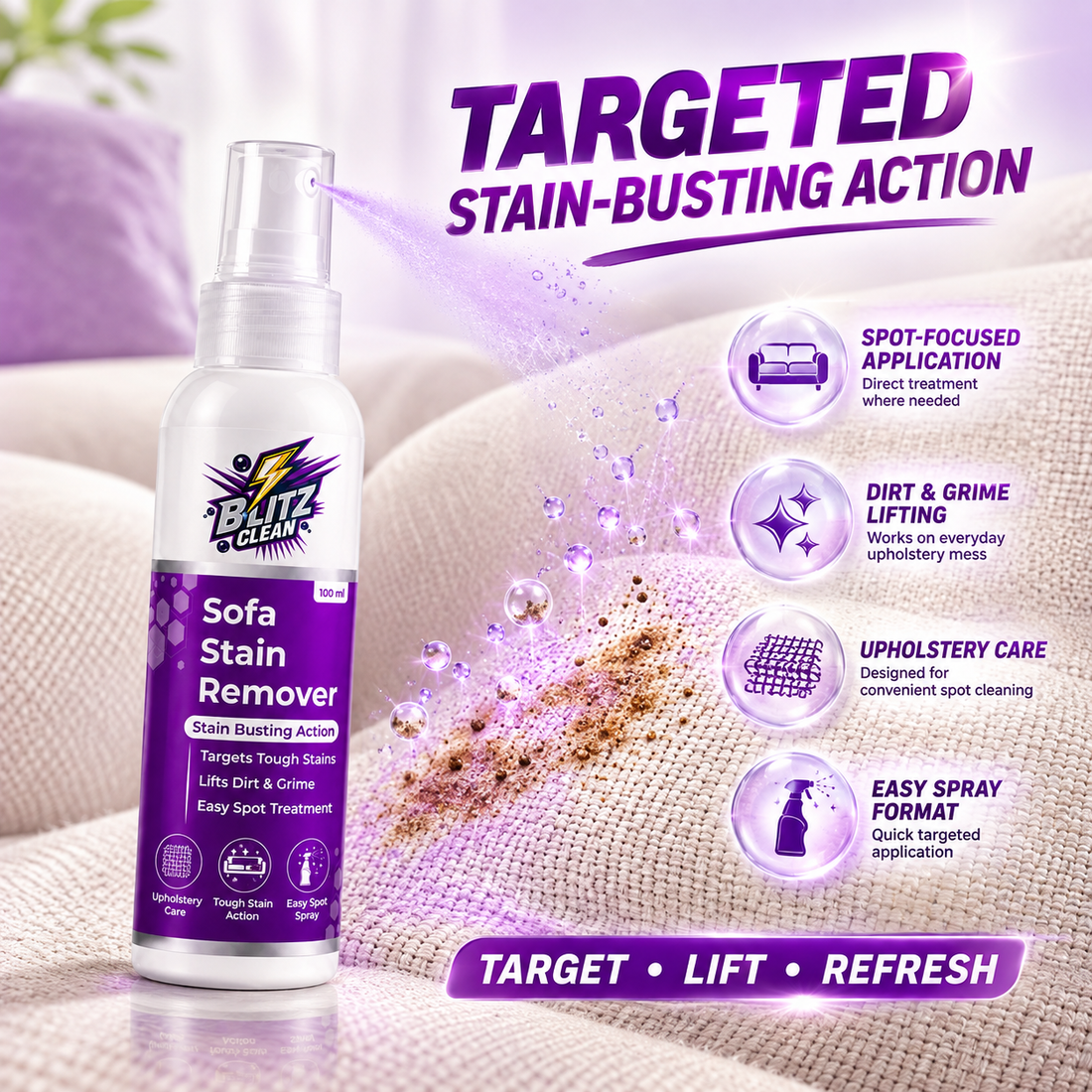 Sofa Stain Remover 100 ml | Upholstery & Fabric Sofa Cleaner Spray | Targeted Spot Cleaner for Food & Drink Marks, Dirt, Grime & Everyday Stains | Easy Spot Treatment