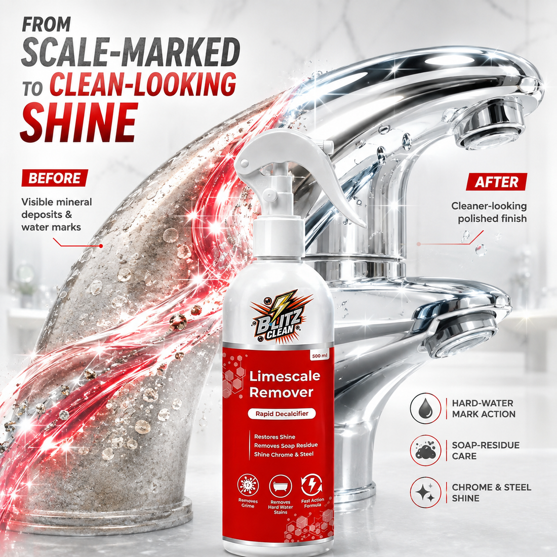 Limescale Remover Spray 500 ml | Rapid Decalcifier for Hard Water Stains, Soap Scum & Mineral Deposits | Chrome, Steel, Taps, Showers & Bathroom Surface Cleaner