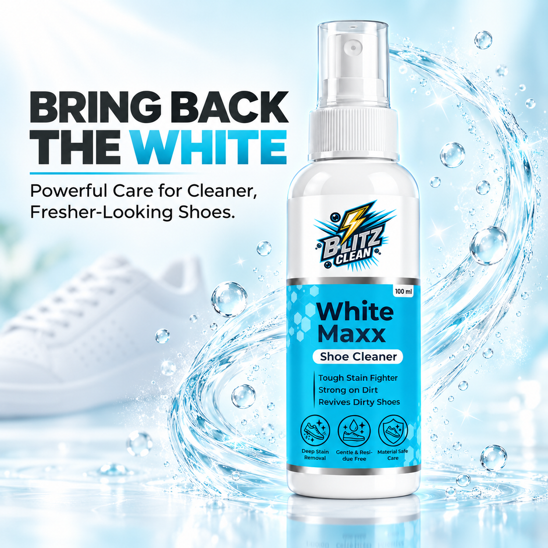 White Maxx Shoe Cleaner 100 ml | Deep Stain Remover for White Shoes & Sneakers | Tough on Dirt, Gentle & Residue-Free Shoe Cleaning Spray